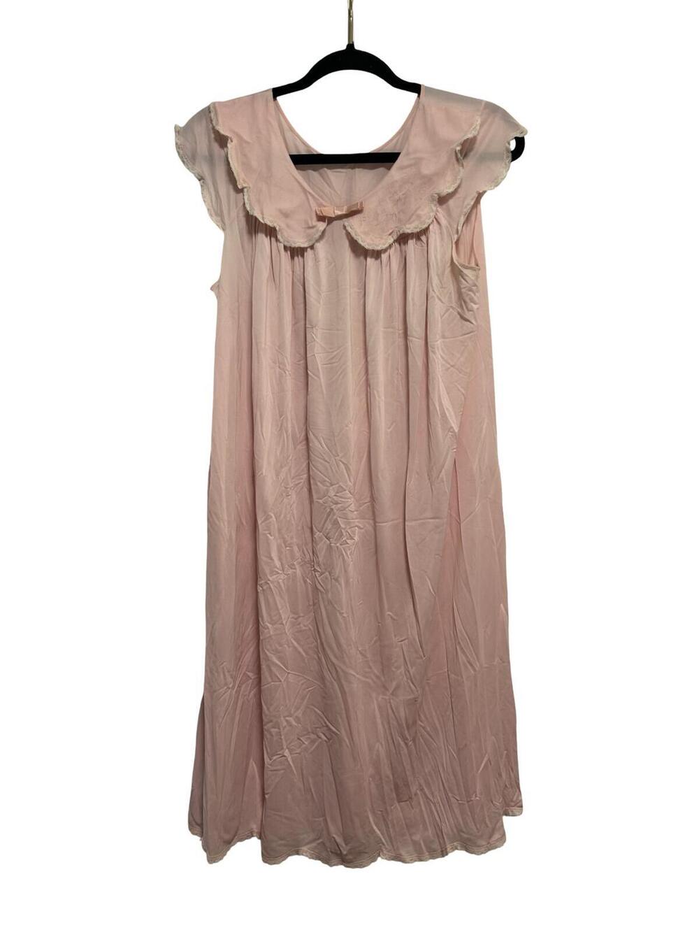 Vintage Shadowline Pink Nightgown‎ Lace Trim Bow Sleeveless Womens M